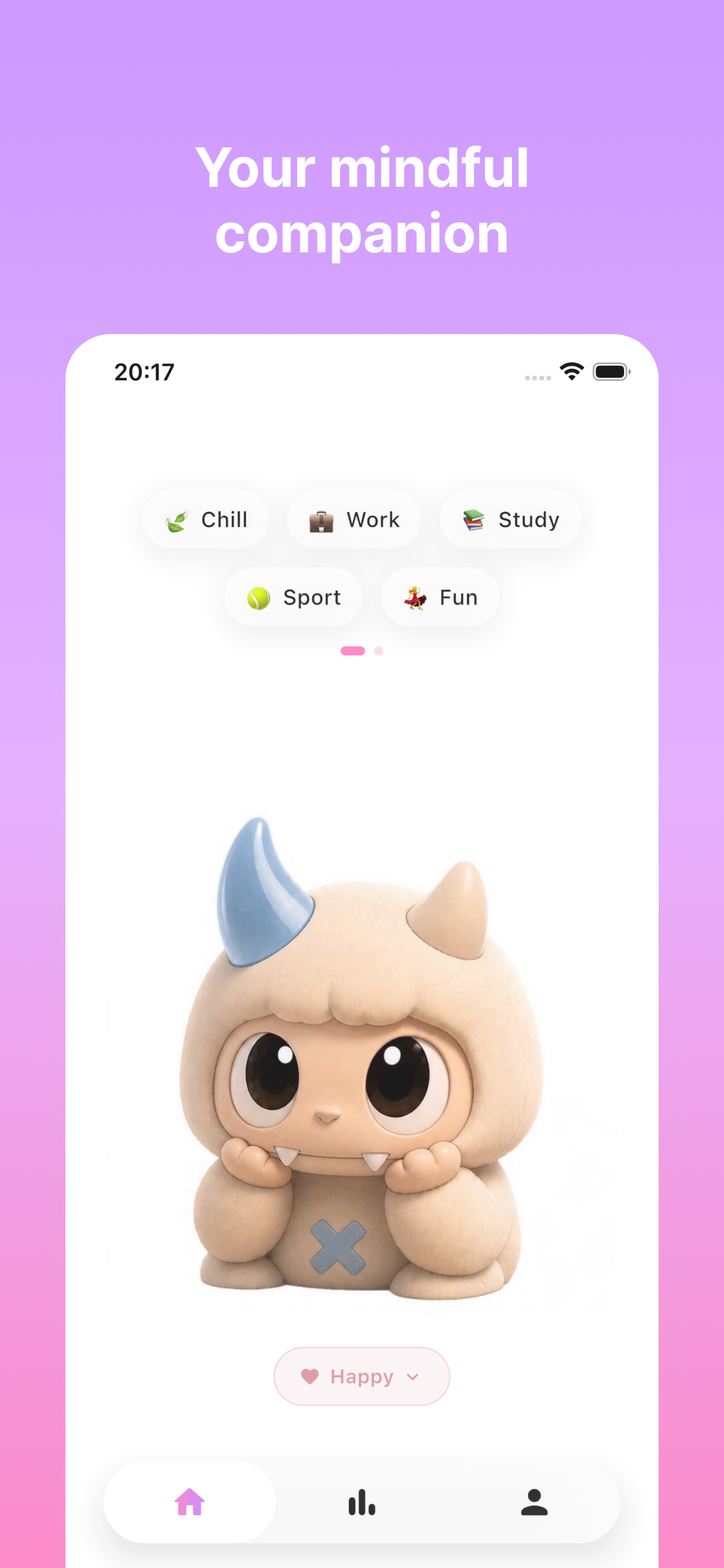 Wenji companion app home screen showing activity categories and mood tracking