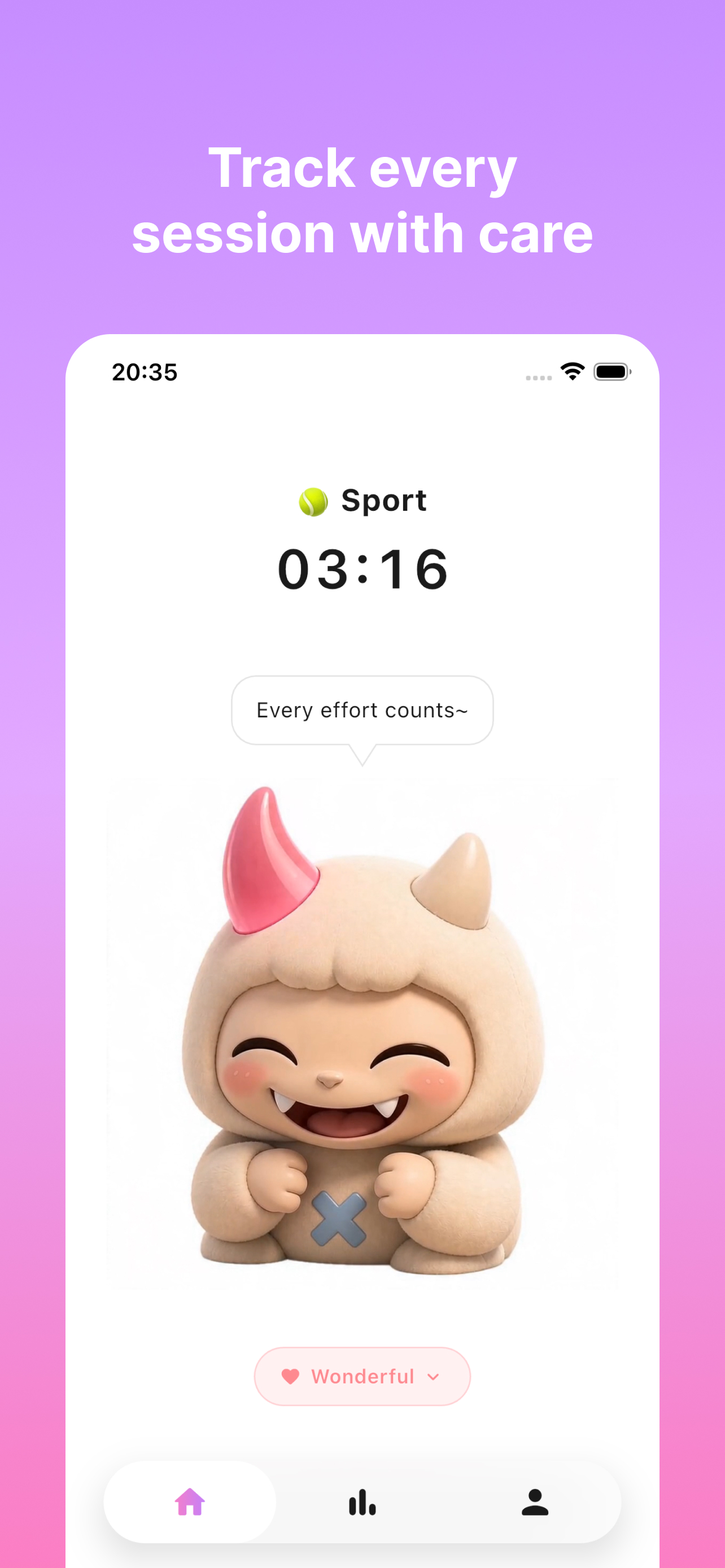 Wenji app activity session timer with companion character reacting to mood